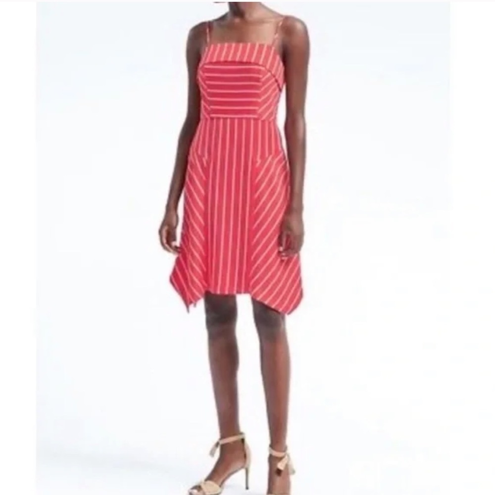 Banana Republic Asymmetrical Handkerchief Hem Fit Flare Red Striped Dress sz 2